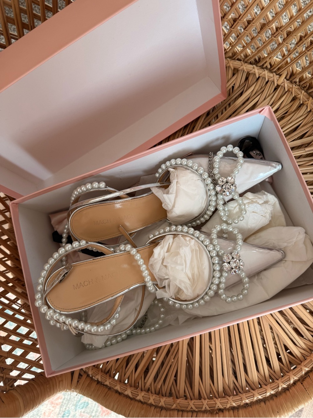 MACH & MACH Pearl-Embellished Ivory Pointed Toe Slingback Heels